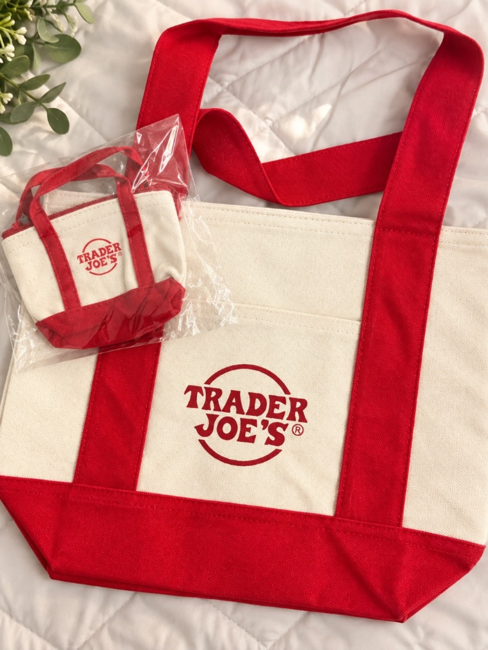 Trader Joe's Mini Canvas Tote Bag Red Cream NWT + Bonus Micro Bag